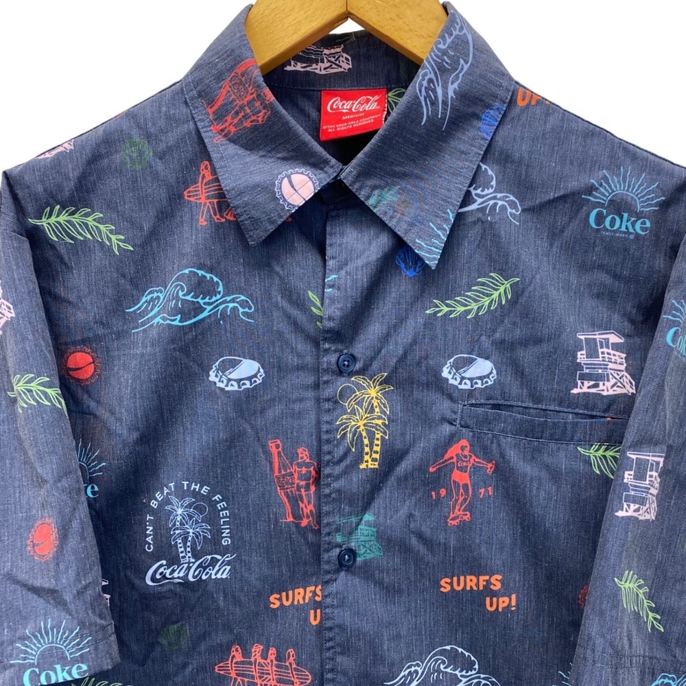 Coca-Cola Surf Shirt Mens Medium Navy Blue All Over Print Short Sleeve Button Up